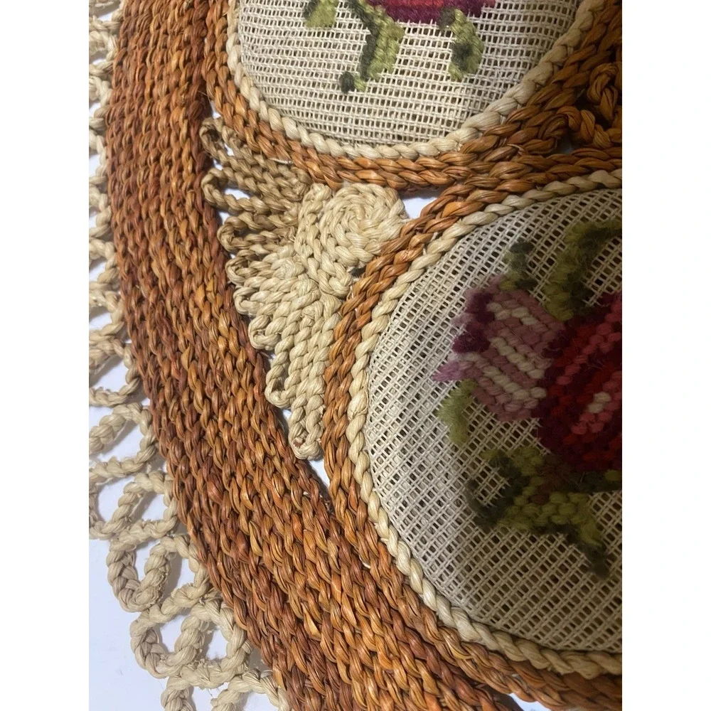 Woven Rattan Table Centerpiece 1970's MCM Needlepoint  Roses-As Is